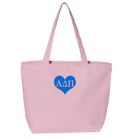 Sorority Heart Embroidered Tote Bag with Zipper