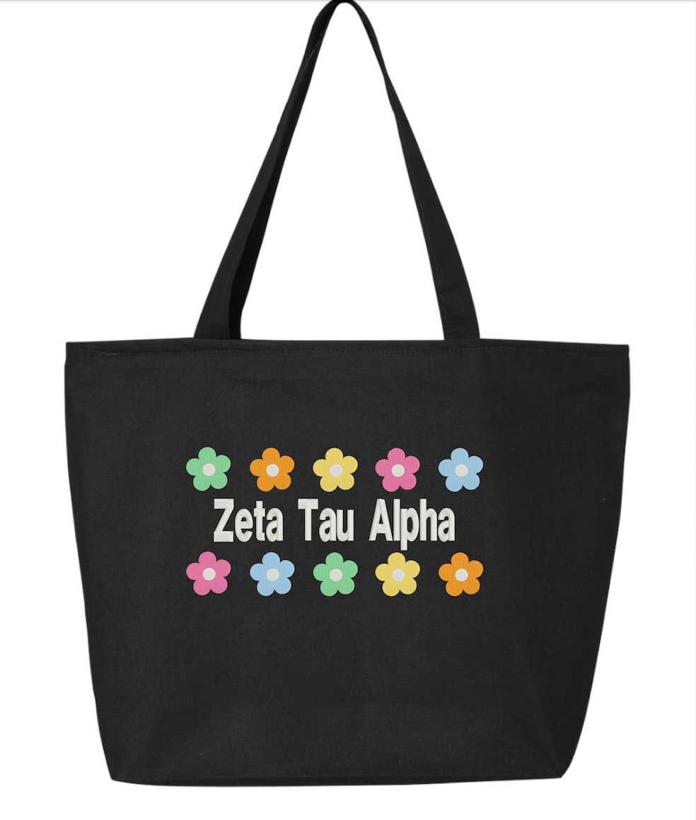 Floral Embroidered Tote Bag with Zipper